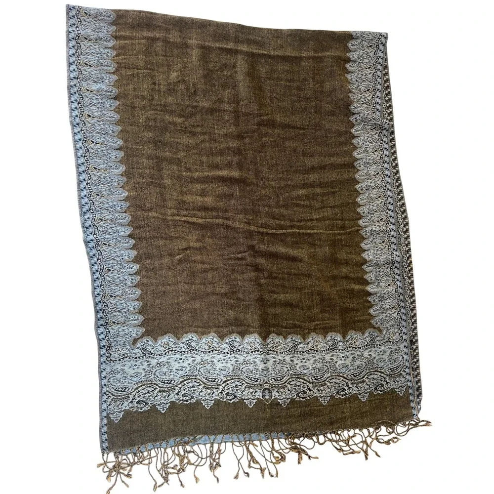 Pashmina Silk Blend Reversible Paisley Scarf Wrap Blue Olive Green Fringe